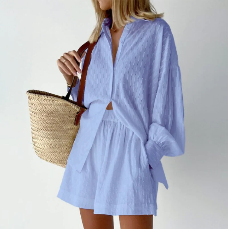 Two-piece set consisting of a button-down top and casual shorts for women | Summer