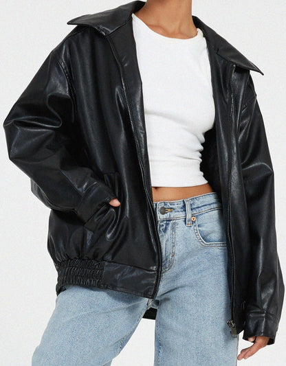Oversized PU Leather Jacket for Women – Fashionable Look, High-Quality Faux Leather