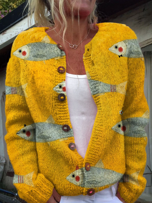 Vintage Fish Sardines Art Print | Buttoned Cardigan Sweater