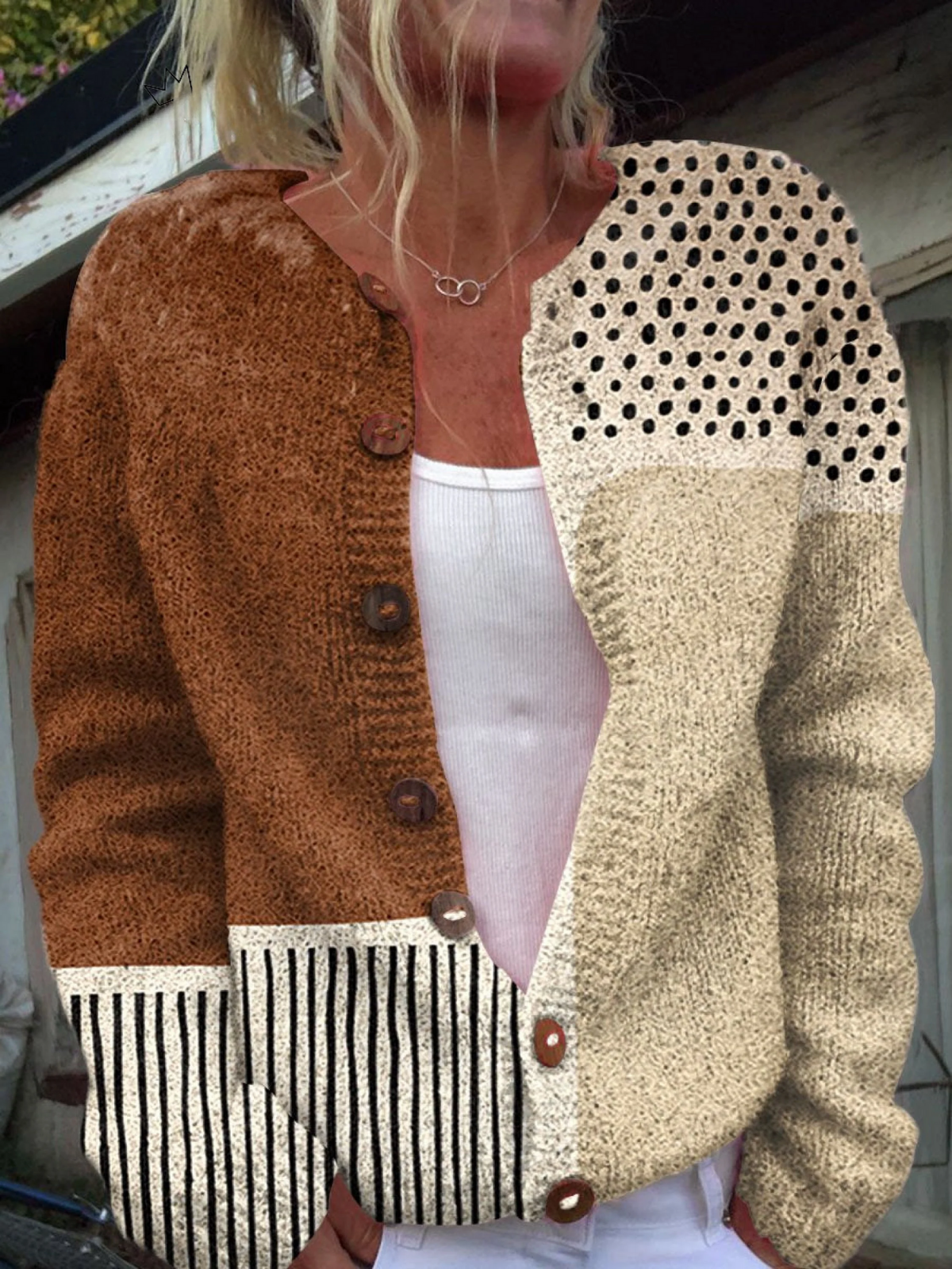 Minimalist | Abstract Polka Dots Print Buttoned Cardigan Sweater
