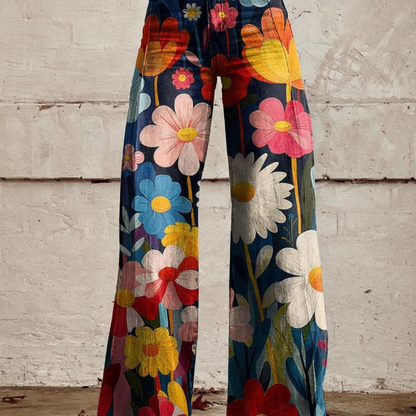 Women's High-Waisted Pants with Floral Pattern | Wide Leg