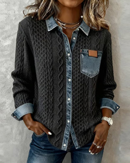 Harper - Chic Knitted Shirt with Denim Details