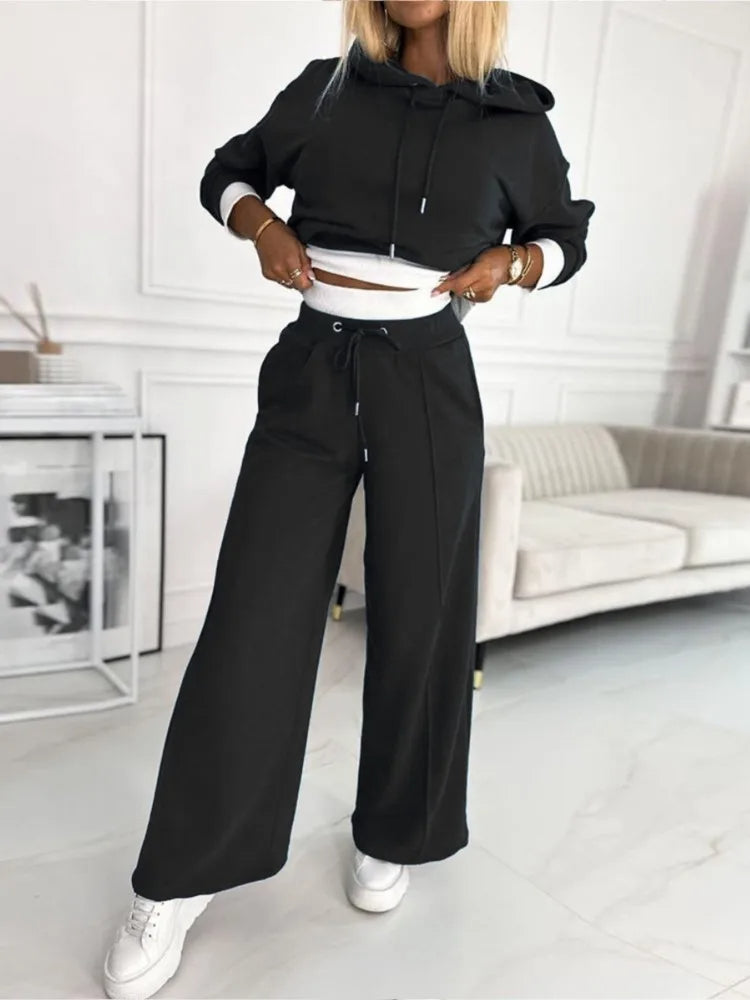Set consisting of hooded top and wide-leg pants for women | Classic