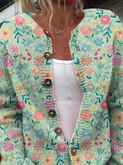 Summer Field Floral Pattern Print | Buttoned Cardigan Sweater