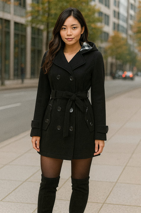 Women's Hooded Double-Breasted Coat | Belt