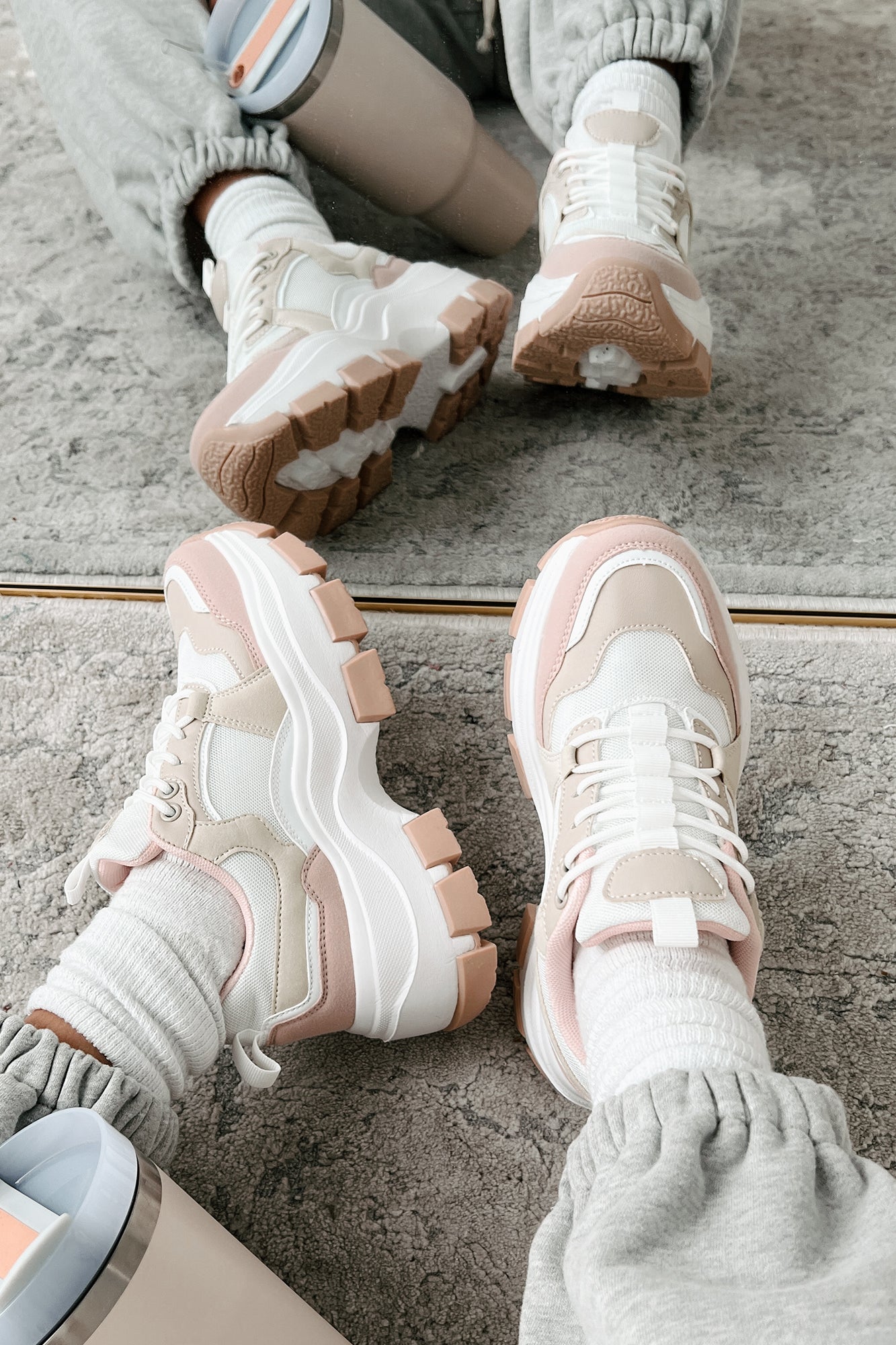 Ready To Bounce Chunky Platform Sneakers (Beige/Pink)