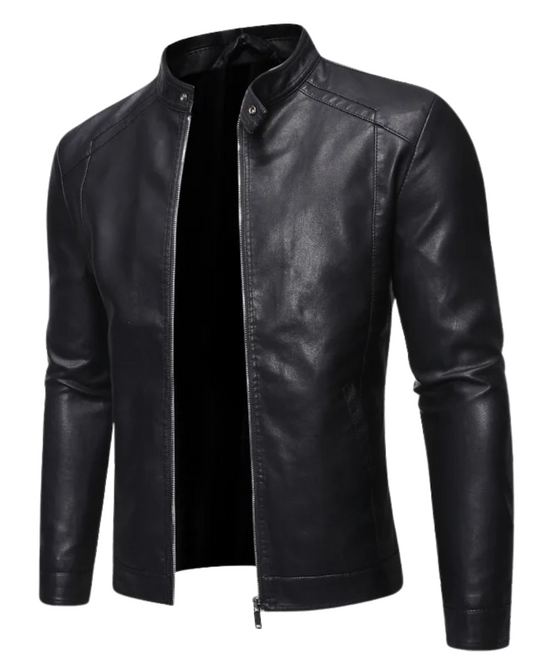 Leather jacket with stand-up collar