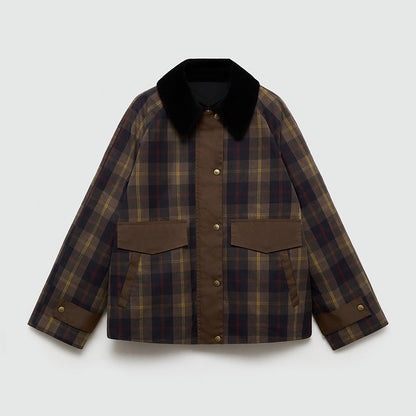 Warm Checked Jacket for Women with Soft Faux Fur Collar