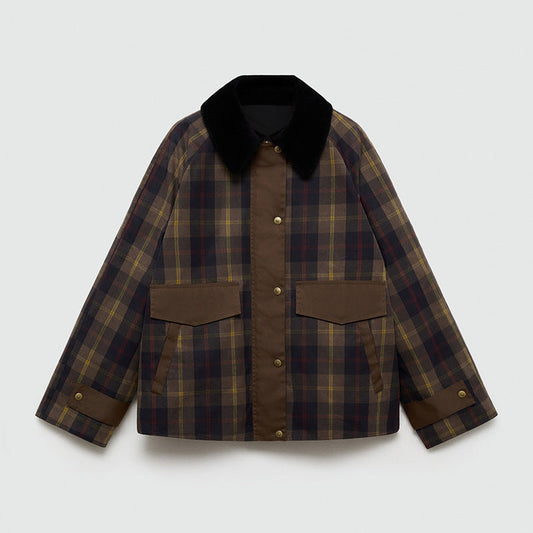 Warm Checked Jacket for Women with Soft Faux Fur Collar