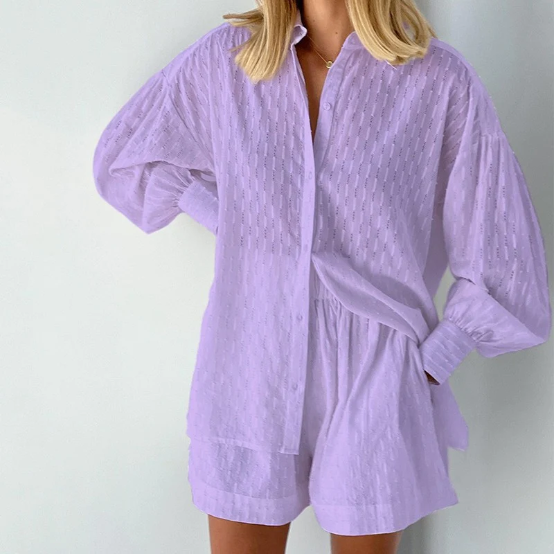Two-piece set consisting of a button-down top and casual shorts for women | Summer
