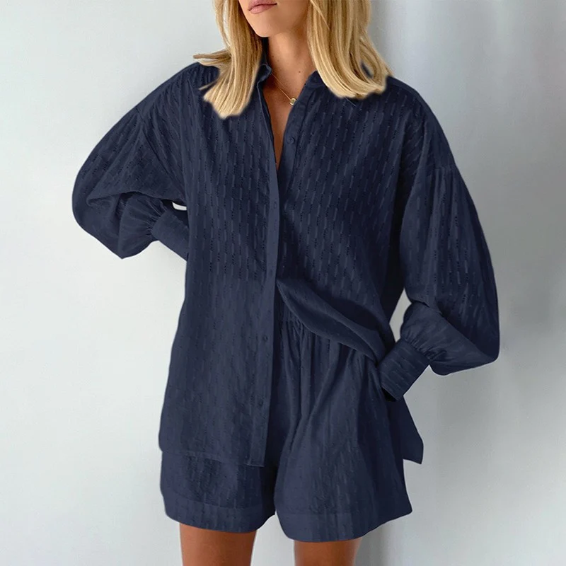 Two-piece set consisting of a button-down top and casual shorts for women | Summer