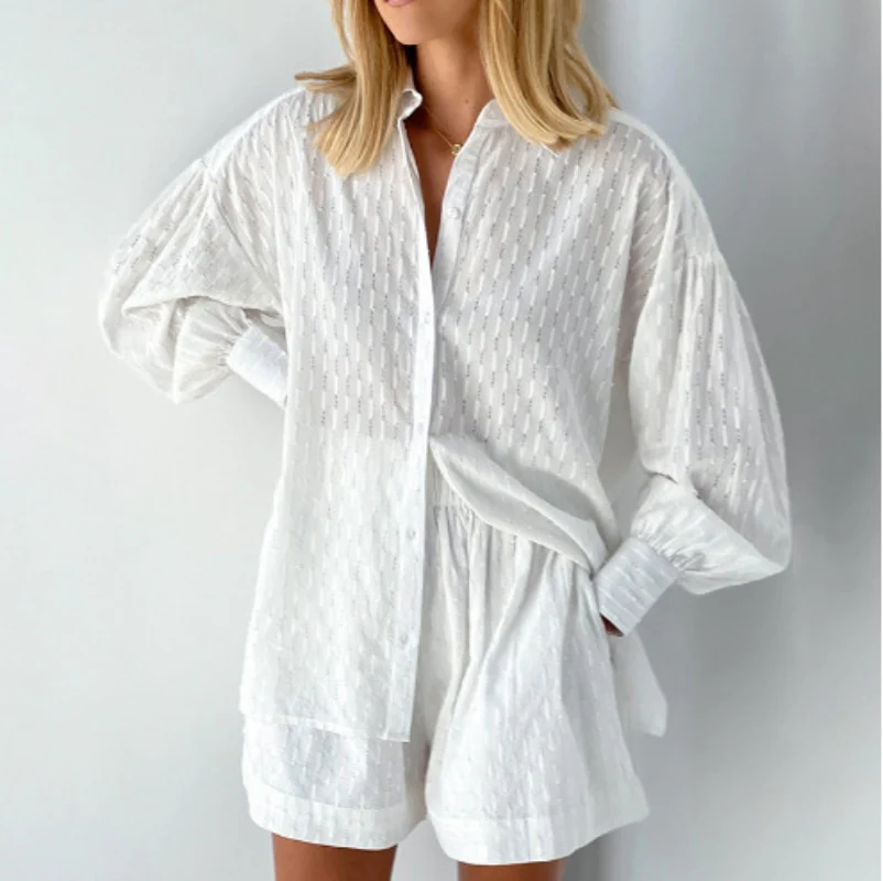 Two-piece set consisting of a button-down top and casual shorts for women | Summer