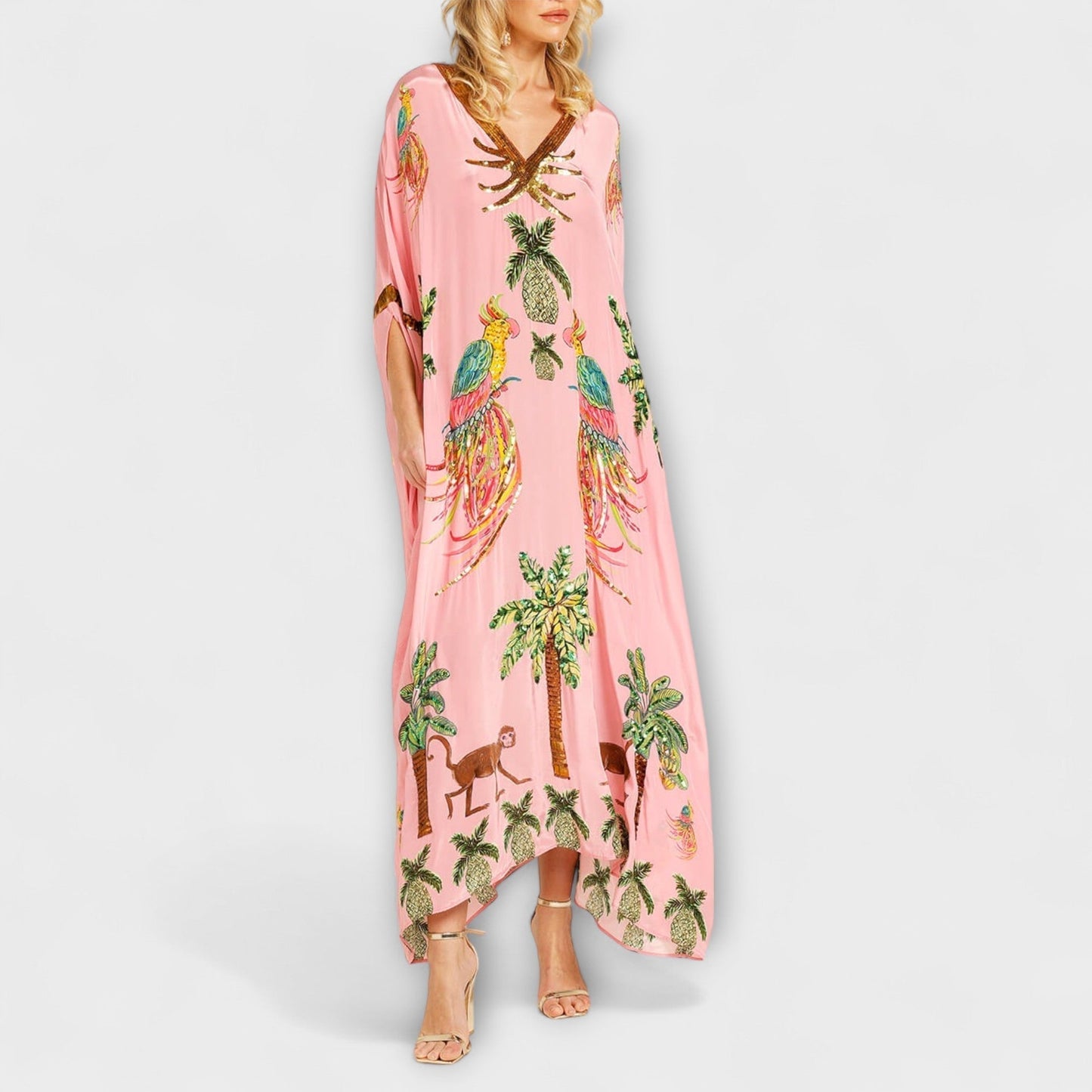 Linda - Eye-catching Dress with Asymmetrical Shoulders and Coconut Tree Print