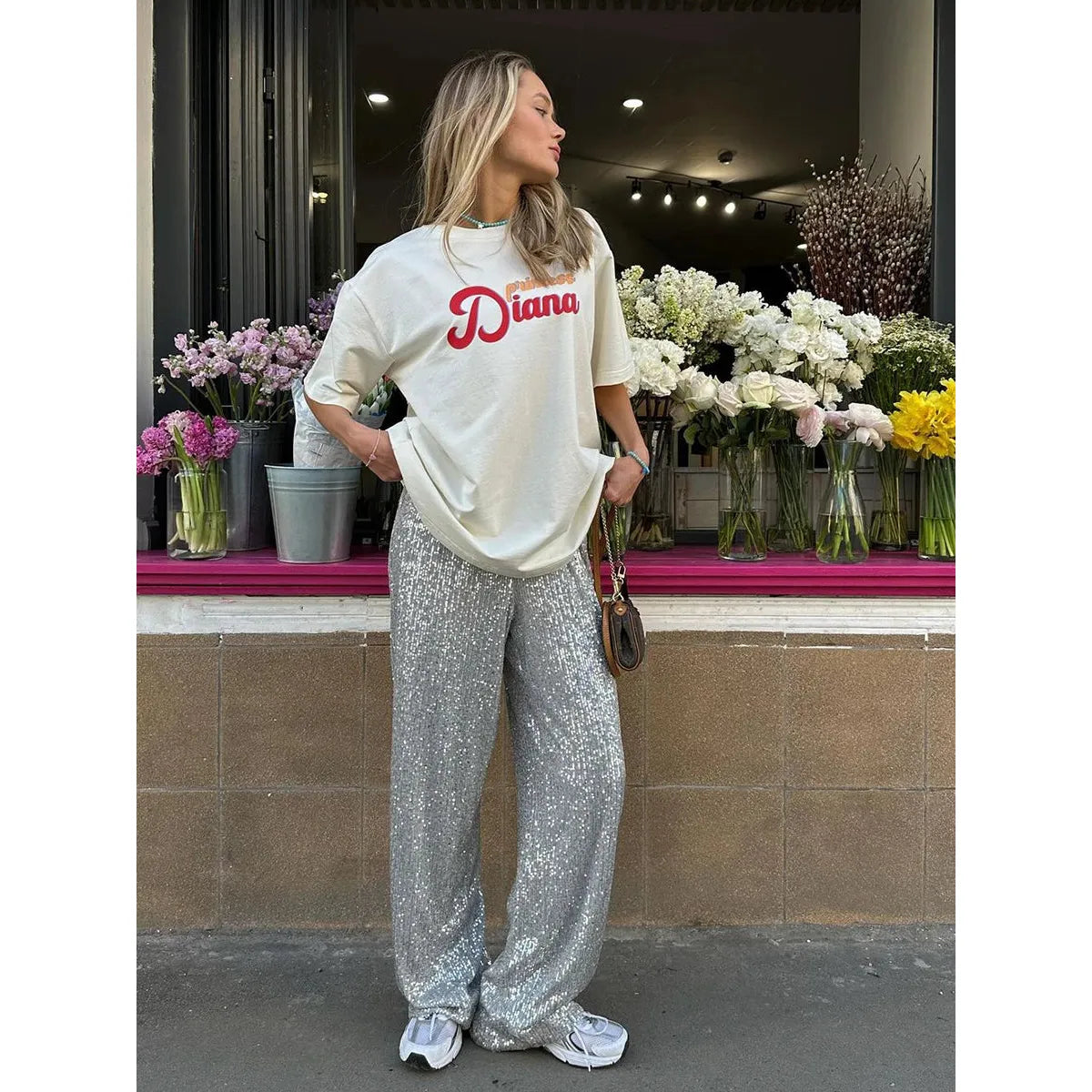 High-waisted sequin pants for women | Loose fit